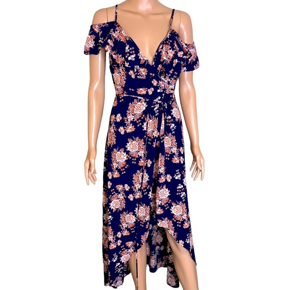 Lunik Navy Floral wrap Dress Casual cold shoulder floral maxi spaghetti strap - Picture 1 of 10